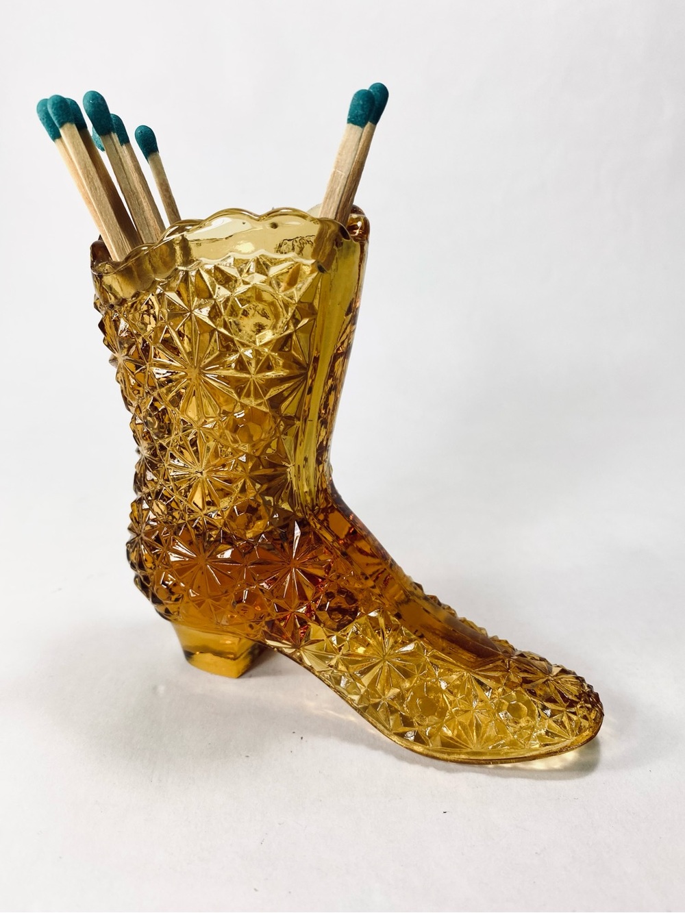 Fenton Amber Glass Boot Daisy & Button Pattern Decor Toothpick Match Holder Vase